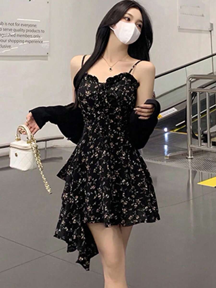 女式休闲度假风格碎花不对称下摆吊带背心迷你连衣裙，夏季 - 紫色 - 查看 1