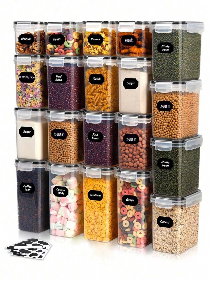 30pcsAirtight Food Storage Containers With LIDS,Vanity Plastic Kitchen Pantry Organization And Storage, Cereal, Pasta, Flour, Sugar And Cookie Storage Jars With Labels, Markers, Dishwasher, Plastic Food Preservation Jars, - Đen và trắng - Xem 1