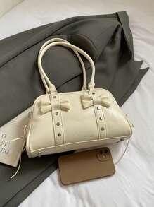 女士复古保龄球包，PU皮革材质，简约纯色手提包，多功能单肩斜挎包，适合工作、通勤、约会、派对等场合，时尚女士波士顿包