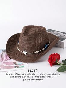 1pc Shell & Starfish Bohemian Straw Bow Panama Hat, Beach Holiday Sun Hat, All-Season Fashion Versatile Commuter Hat, Unisex - Straw Hat - View 13