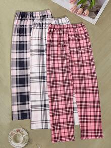 3条/包休闲格子印花蝴蝶结装饰睡裤，秋冬服装 - 彩色 - 查看 3