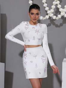 Nuevo conjunto de lujo negro de industria pesada con clavos, incrustaciones de diamantes y parte superior corta, conjunto de falda corta, conjunto de vendaje de dos piezas, vestido de invitada de boda dama de honor, conjunto de fiesta de festival para mujeres