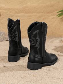 1 双儿童刺绣纯黑色西部牛仔靴，适合所有季节 - 黑色 - 查看 6