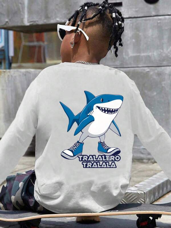Cute Shark Portrait, Tween Girls' Casual Thick Crew Neck Slogan Graphic Long Sleeve T-Shirt, Autumn/Winter