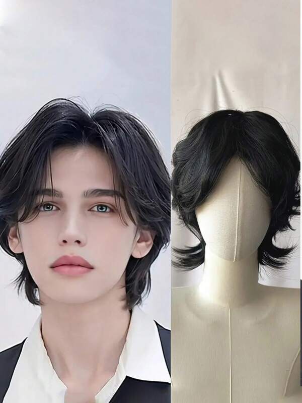 Men's Short Wolf Tail & Piranha Head Wig, Easy To Wear For Halloween Costume Play