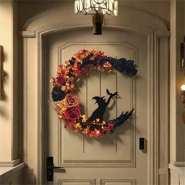 1 قطعة، 14 بوصة/35 سم، إكليل قطة ساحرة والقمر، إكليل هالوين، ديكور جداري للخريف، إكليل خفافيش، هدية رعب، إكليل قطة ساحرة، ديكور باب جوتي، إكليل ، إكليل مهرجان الحصاد
