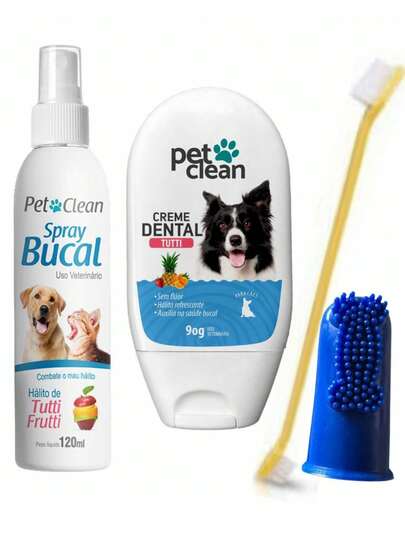 kIT Creme Dental Tutti Frutti e Spray Tutti Frutti Pet Clean Acompanha Dedeira Flexível e Escova Dupla cores sortidas para Cachorros e Gatos