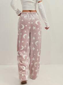 Tjocka flanellbyxor med stjärn- och månemönster och dragsko i midjan, vida ben, lämpliga för ytterkläder och fluffiga loungekläder, höst/vinter - Rosa - Visa 2