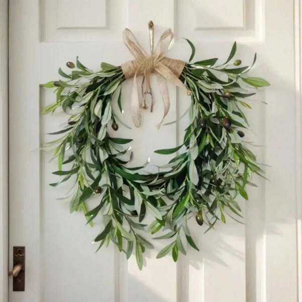 Herzförmiger künstlicher Olivenblätterkranz, grüner Olivenblatt-Frucht-Frühlingsblumen-Girlande, Türkranz, Fensterdekoration, Wandbehang, Bauernhaus-Garten-Dekorationen
