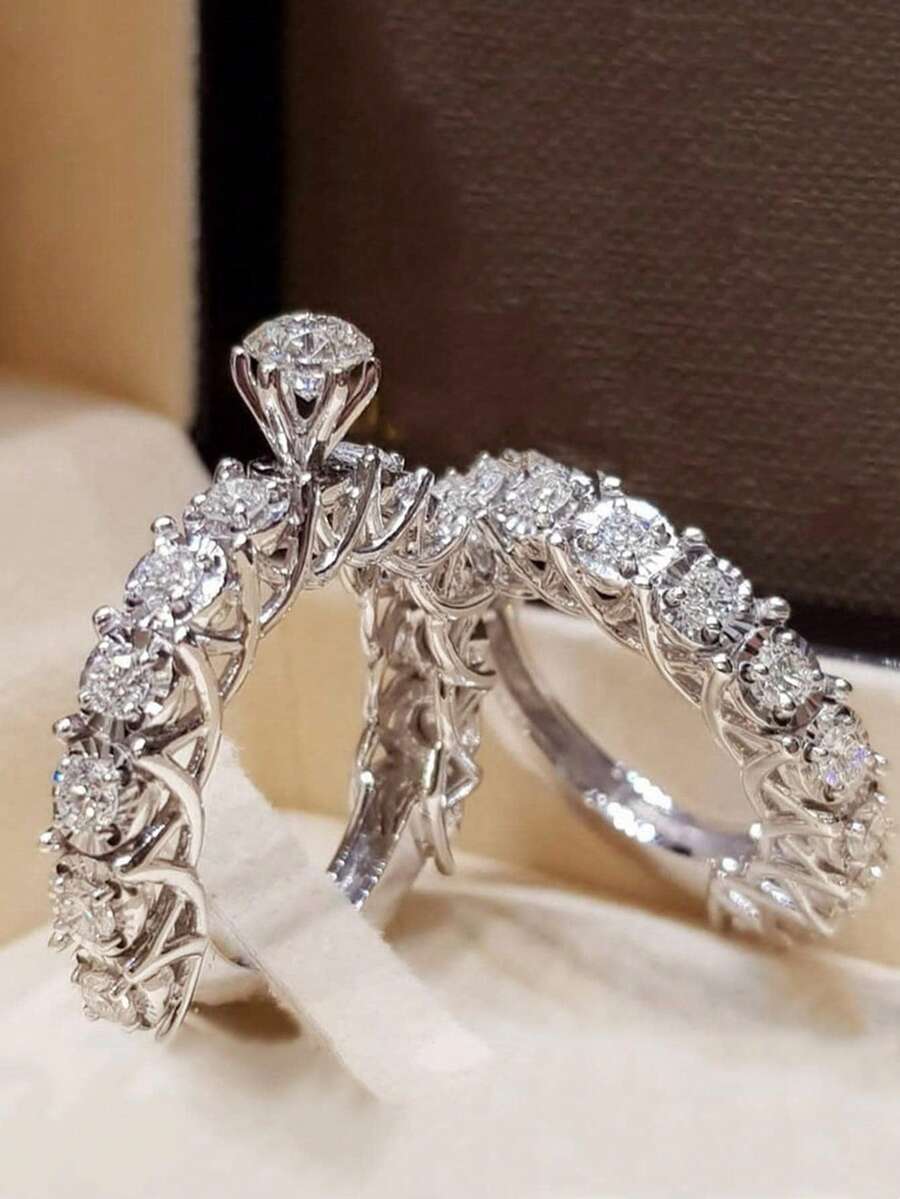 2 件套华丽方晶锆石戒指，适合女士，情人节礼物，结婚周年派对珠宝 - 銀色 - 查看 1