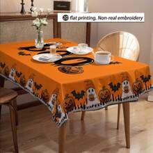 1pc Halloween Pumpkin, Ghost, Bat Pattern Tablecloth, Seasonal Kitchen/Dining Table Decor, Round Or Rectangular Sizes Available, Polyester Material, Indoor/Outdoor Party Decoration, Halloween Holiday Decor, Home Kitchen Decor