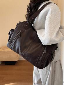 Túi xách nữ thời trang mới, cổ điển, đa năng, màu trơn, dung tích lớn, chất liệu da PU, kiểu dáng retro, có khóa kéo, thích hợp cho mua sắm, du lịch. Túi xách nữ mới. - Cà phê - Xem 2