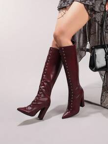 秋冬女士系带酒红色过膝长靴，性感尖头派对/舞会拉链粗跟高筒靴，时尚 - 酒紅色 - 查看 5