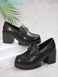 Sapatilhas femininas Foot Flair (tamanho pequeno, compre um número menor) com plataforma, bico redondo e salto grosso, impermeáveis, estilo Oxford vintage plus size em couro PU, pretas, estilo britânico (consulte o guia de tamanhos ao selecionar o seu tamanho). - Preto - Ver 8