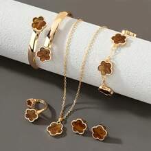 6 件/套韩式五叶花耳环、项链、手链、戒指首饰套装，时尚幸运花和梅花配饰，适合情人节、日常佩戴、节日礼物、妈妈、母亲、母亲节、礼物 - 玫瑰金 - 查看 5