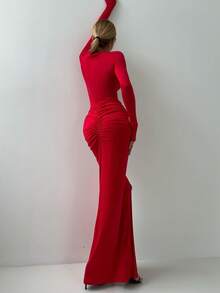 Women 2Pcs Elegant Red Fitted High Stretch Long Sleeve Bodysuit With Ruffle Elastic Waist Long Skirt, Fall Women Clothes, Halloween Clothes, Suit For Christmas