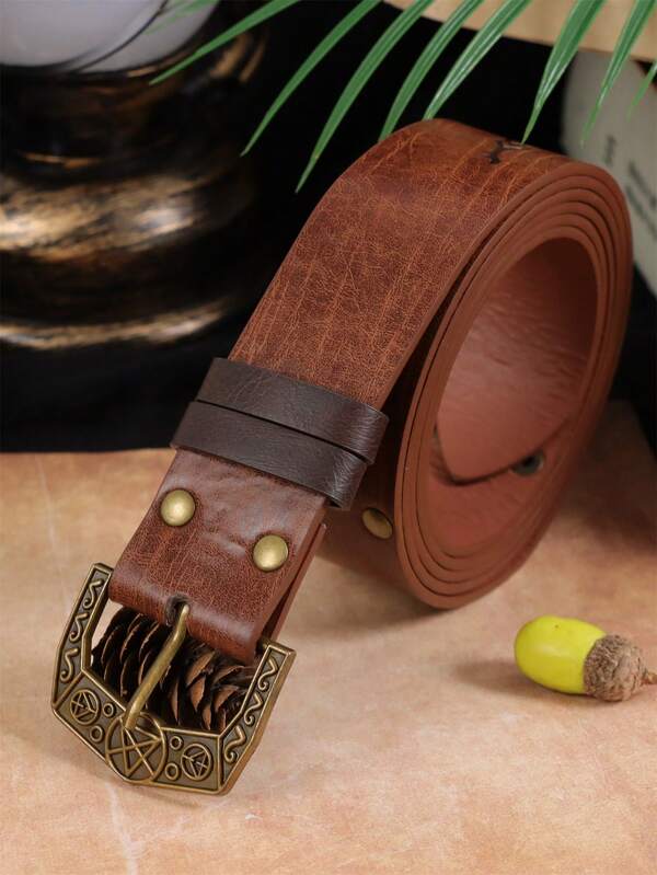 Cinturón de piel sintética con relieve vikingo y hebilla ornamentada - Cinturón de inspiración vintage para hombres y mujeres, accesorio de disfraz industrial, material sintético duradero, accesorio de cosplay | Diseño de cinturón ornamentado | Artesanía detallada