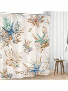 Beach Coastal Nautical Bathroom Shower Curtain Set, Ocean Coral Vintage Sea Horse With 12 Hooks, Fabric Waterproof Accessories Decor