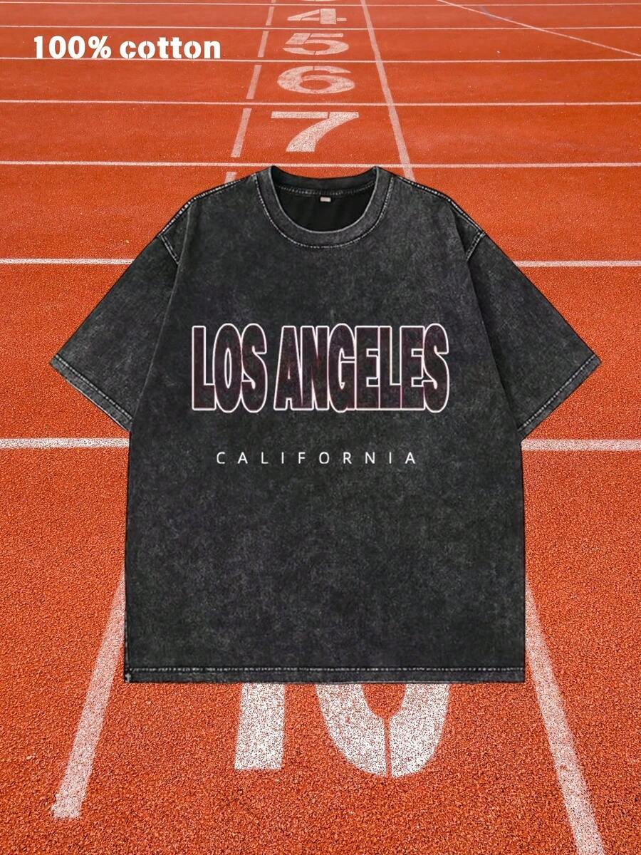 Los Angeles California Graphic Print T-Shirt - Washed Cotton Acid Wash Vintage Style Tee, Oversized Loose Fit, Crew Neck Short Sleeve For Men And Women, Summer Breathable Streetwear, Casual Daily Wear, Travel & Hip Hop Style, Ideal Gift - 黑色 - 查看 1
