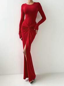 Women 2Pcs Elegant Red Fitted High Stretch Long Sleeve Bodysuit With Ruffle Elastic Waist Long Skirt, Fall Women Clothes, Halloween Clothes, Suit For Christmas