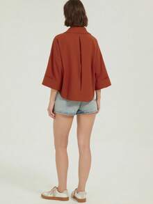 قميص أصفر زبدي واسع الأكمام للمكتب والأنشطة اليومية، أكمام ثلاثة أرباع للخريف المبكر، قميص فضفاض وأنيق للشارع