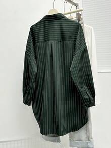 复古宽松口袋纽扣长袖条纹可爱漂亮休闲优雅衬衫上衣，适合女士，秋冬季节/圣诞节/感恩节穿着 - 軍綠色 - 查看 4
