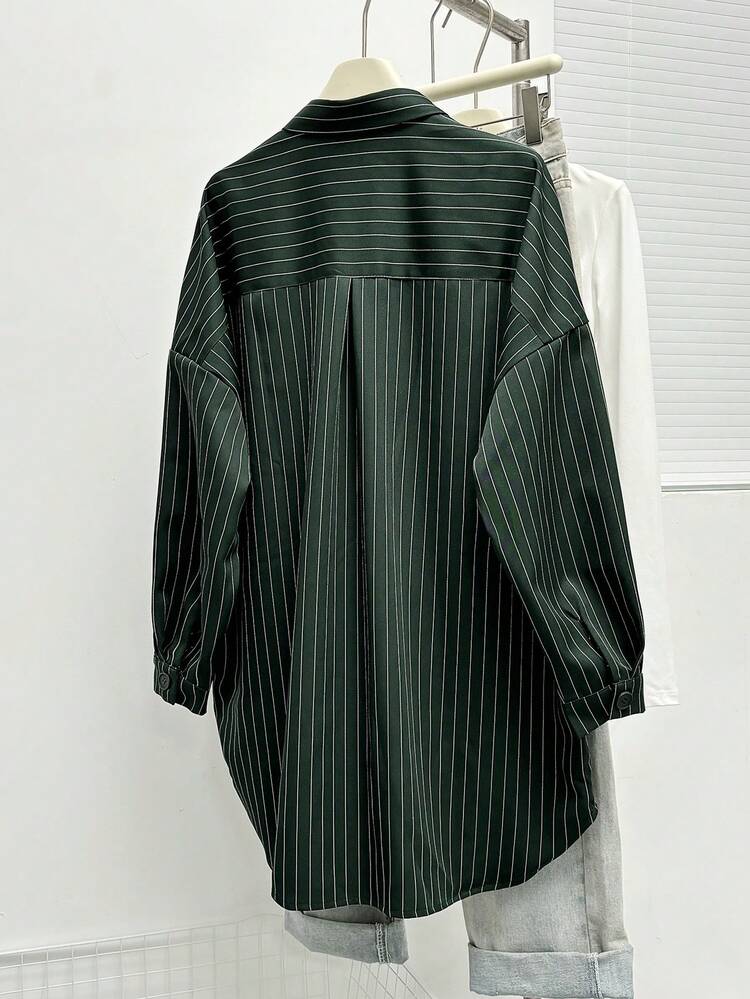 复古宽松口袋纽扣长袖条纹可爱漂亮休闲优雅衬衫上衣，适合女士，秋冬季节/圣诞节/感恩节穿着 - 軍綠色 - 查看 4
