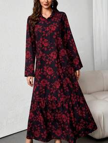 春季女士印花波西米亚风长袖超长连衣裙。2025新年时尚宽松秋季红玫瑰印花连衣裙，收腰设计，适合休闲度假穿着、优雅派对礼服、毕业季海滩装扮、情人节时尚晚礼服。开斋节 - 紅色 - 查看 2