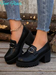 Foot Flair 女士金属链条装饰厚底圆头套脚高跟鞋，复古风格，大码，PU 皮革牛津鞋，黑色，英伦风职业平底鞋（选择尺码时请参考尺码指南） - 黑色 - 查看 5
