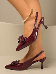 法式经典国风优雅飘逸绑带仙女蝴蝶结高端凉鞋，时尚春夏凉鞋，新款Diva仙女尖头高跟鞋，蝴蝶结装饰通勤温柔凉鞋，新款夏季百搭包头凉鞋搭配连衣裙 - 酒紅色 - 查看 5