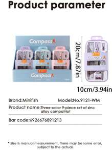 Un set de 9 instrumente de desen pentru elevi, rechizite de matematică și geometrie, inclusiv compas, rigle, triunghiuri, raportoare, rigle, ascuțitoare și creioane.