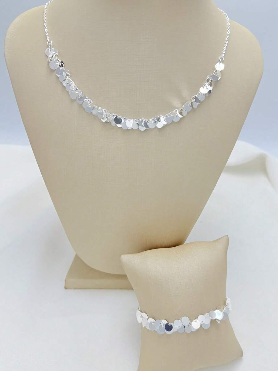 Women's Necklace And Bracelet With Layered Round Sequins In 925 Silver And 18k Gold Plating - Plateado - Ver 1