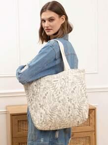 Fashionable Casual Cotton Printed Quilted Pattern Beach Tote Bag, Large Size With Zipper - Beige - View 1