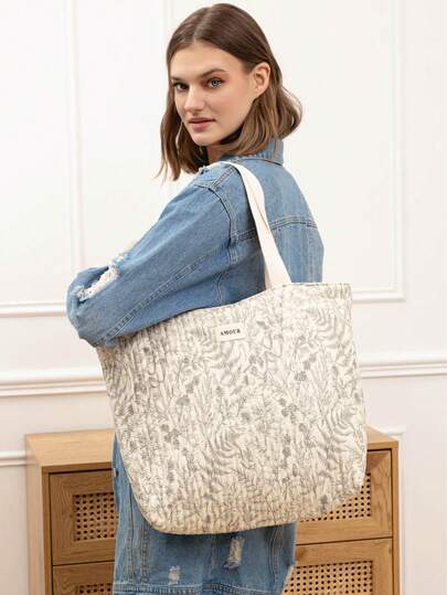 Modern, avslappnad strandväska med bomullstryck och quiltat mönster, stor storlek med dragkedja