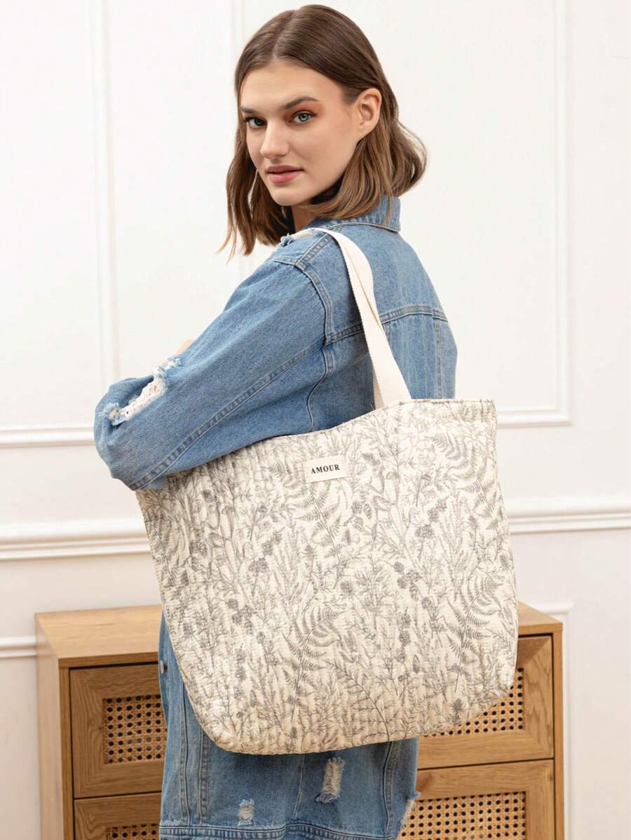 Fashionable Casual Cotton Printed Quilted Pattern Beach Tote Bag, Large Size With Zipper - Beige - View 1