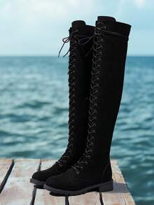 2025 Women's New Over-The-Knee Boots, Black Motorcycle Boots, Flat Thick Heel Tall Boots, Side Zipper Round Toe Lace-Up Slim Leg Riding Boots, Fashion Personalized Shoes, Size Runs Small - Black - View 5