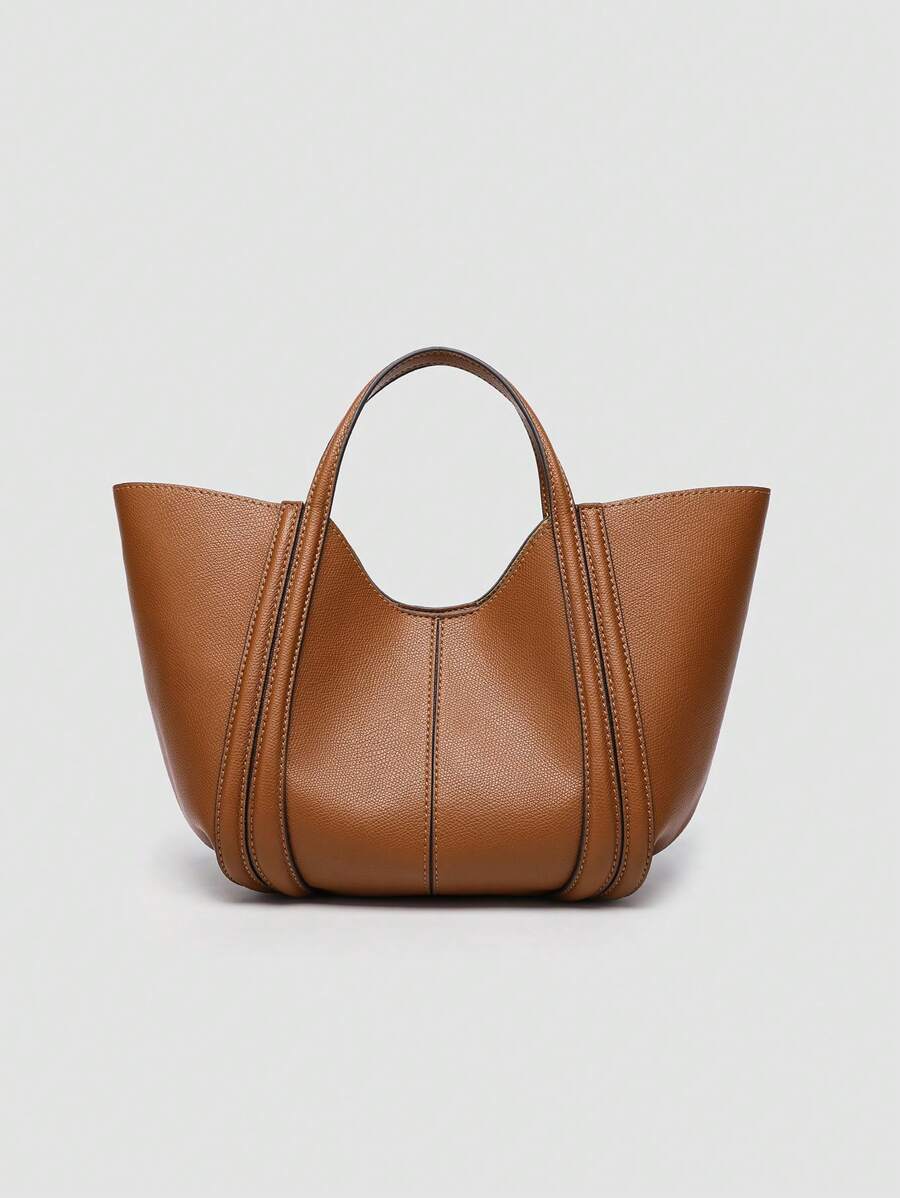 1 件新款纯色 PU 时尚托特包，女士手提包，单肩包，简约通勤多功能大容量手提包，高品质时尚女学生单肩包 - 棕色 - 查看 1