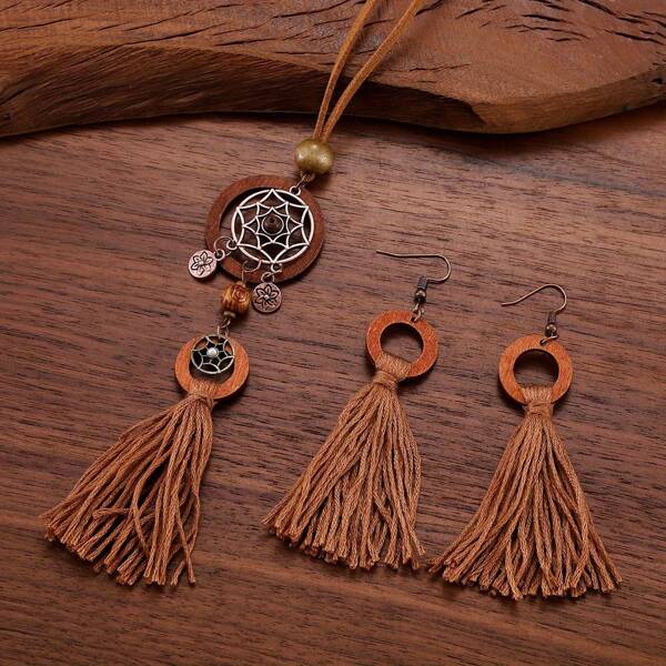 3 Stücke/Set Bohemian Vintage Schmuckset - Lange Anhänger Halskette, Quasten Ohrringe mit Blattdesign, Tupfen Charm vielseitiger Hippie Festival Schmuck für den täglichen Gebrauch, Partys und den Arbeitsweg