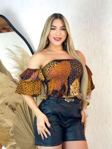 Cropped Top  Lastex Ruffle Sleeve Women - Brown Print - View 2