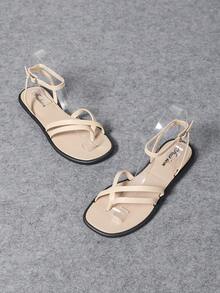 2025 Women's Summer Ankle Strap Fashionable Color Block Flat Sandals, Suitable For Spring, Summer, Beach, Casual, Mother's Day Gift, New Style Metal Buckle Flat Roman Sandals - Beige - View 8