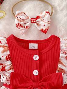 3Pcs/Set Newborn Baby Girls' Cute Red Ribbed Patchwork Gingerbread Man & Christmas Tree Santa Claus Print Bodysuit & Bow Headband, Suitable For Christmas - Red - View 3
