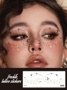 1pc Freckle Face Tattoo Sticker, Suitable For Women, Dot Freckle Star & Moon Pattern Temporary Tattoo Sticker For Face, Perfect For Christmas, Makeup, Gift, Holiday, Music Party - Black - View 3