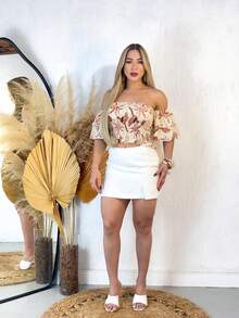 Cropped Top  Lastex Ruffle Sleeve Women - Terracotta Print - View 4