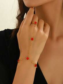 1 件 18K 镀金复古个性化百搭经典通勤时尚度假花卉设计手指连接后手链女士