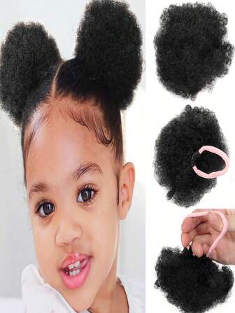 2pcs Kid's Extensions Double Afro Puffs,Kinky Curly Tlastic Band Hair Bun For African Children Age 0-5 Natural Black Synthetic Wigs Suitable For Daily Wear And Birthday Parties