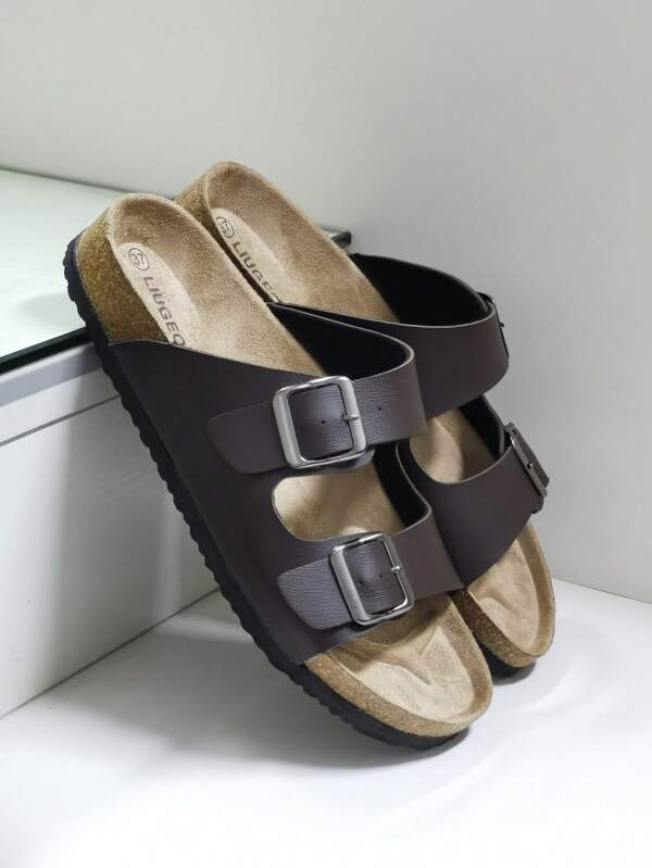 Sandalias de verano cómodas con suela de corcho suave y soporte de arco, con doble correa y hebilla casual antideslizante para hombres