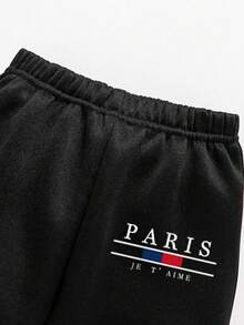 Tween Boy Letter Print Warm Crew Neck Sweatshirt And Pants Set - Black - View 6