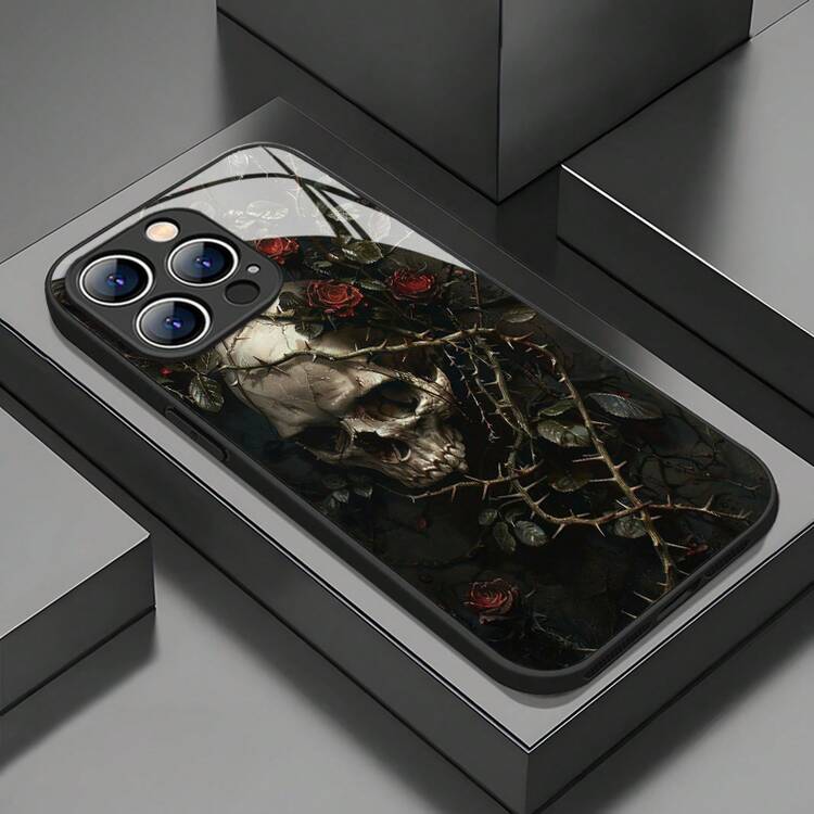 Funda de Teléfono con Patrón de Esqueleto de Flor de Espina Artística para 16 Pro/15 Pro/14 Plus/13/12/11/X/Xr/Xs, Resistente a Impactos y Suciedad, Diseño de Moda, Vidrio Templado, Cubierta Protectora Premium. - Colores mixtos - Añade 2