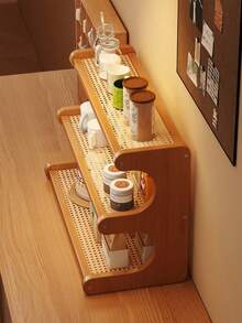 Three-Layer Thickened Drainage Board Bamboo Storage Rack, Sturdy Trapezoidal Wooden Shelf - Multifunctional, Space-Saving, Stylish Storage Tool, Suitable For Kitchens, Offices, Dressing Tables, And Home Decoration, Multi-Purpose Storage Rack