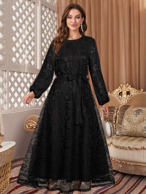 Round Neck Long Sleeve Waist Tie Solid Color Lace Dress